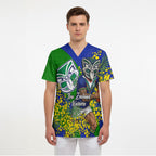 New Zealand Warriors Scrub Top Golden Wattle Floral Polynesian - Australian Flower - Rugby Mascot