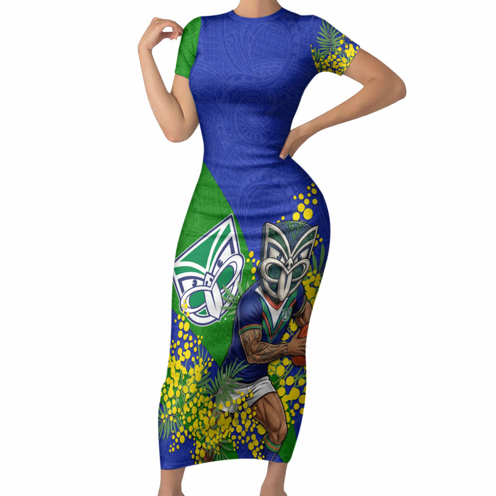 New Zealand Warriors Short Sleeve Bodycon Dress Golden Wattle Floral Polynesian - Australian Flower - Rugby Mascot