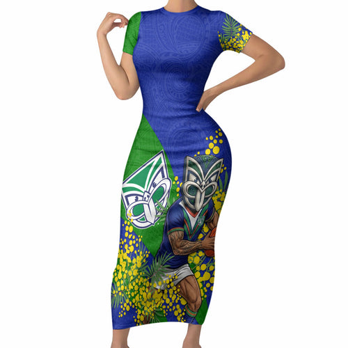 New Zealand Warriors Short Sleeve Bodycon Dress Golden Wattle Floral Polynesian - Australian Flower - Rugby Mascot