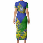 New Zealand Warriors Short Sleeve Bodycon Dress Golden Wattle Floral Polynesian - Australian Flower - Rugby Mascot