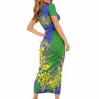 New Zealand Warriors Short Sleeve Bodycon Dress Golden Wattle Floral Polynesian - Australian Flower - Rugby Mascot