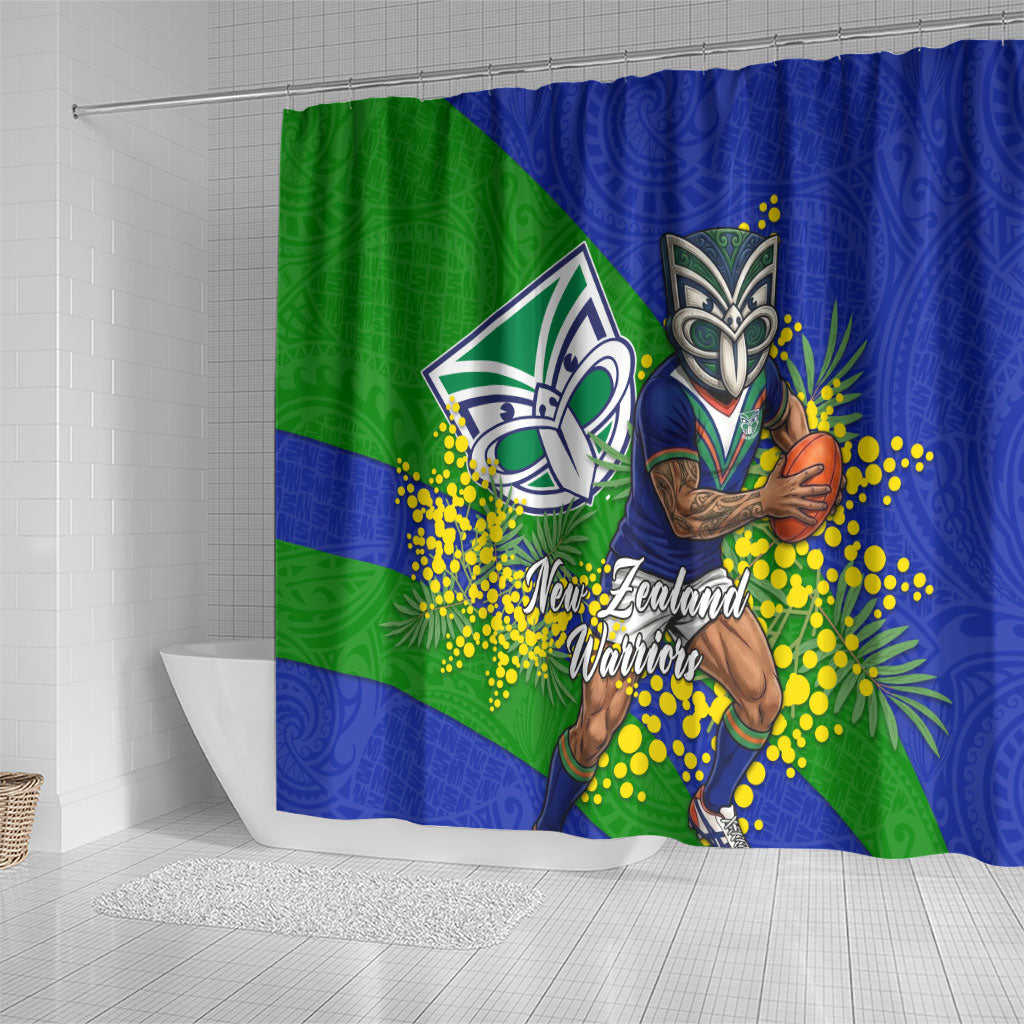 New Zealand Warriors Shower Curtain Golden Wattle Floral Polynesian - Australian Flower - Rugby Mascot