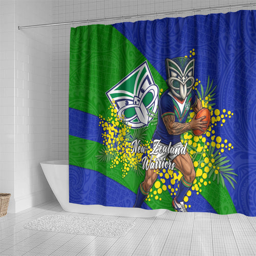 New Zealand Warriors Shower Curtain Golden Wattle Floral Polynesian - Australian Flower - Rugby Mascot