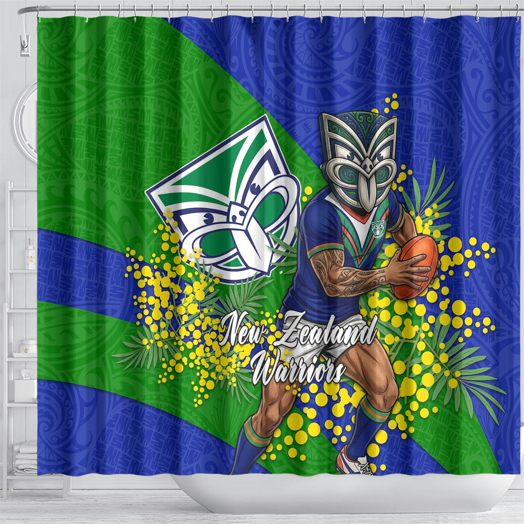 New Zealand Warriors Shower Curtain Golden Wattle Floral Polynesian - Australian Flower - Rugby Mascot