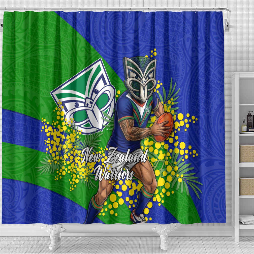 New Zealand Warriors Shower Curtain Golden Wattle Floral Polynesian - Australian Flower - Rugby Mascot