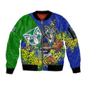 New Zealand Warriors Sleeve Zip Bomber Jacket Golden Wattle Floral Polynesian - Australian Flower - Rugby Mascot