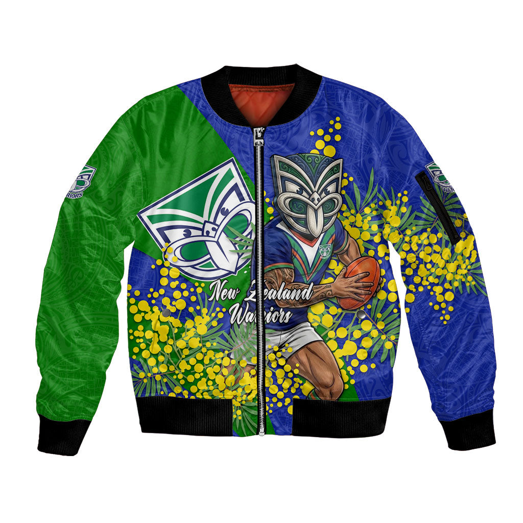 New Zealand Warriors Sleeve Zip Bomber Jacket Golden Wattle Floral Polynesian - Australian Flower - Rugby Mascot