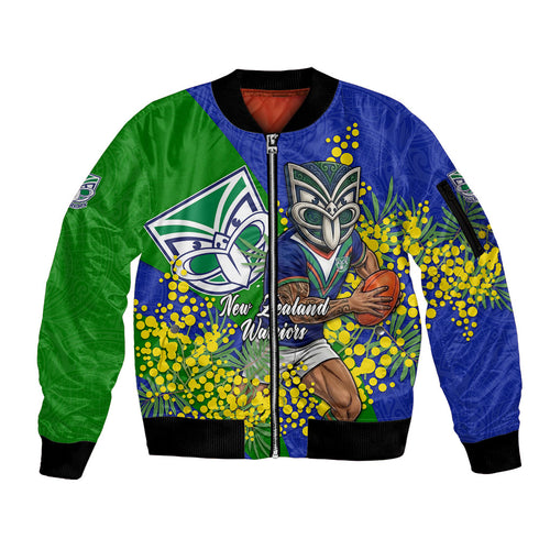 New Zealand Warriors Sleeve Zip Bomber Jacket Golden Wattle Floral Polynesian - Australian Flower - Rugby Mascot