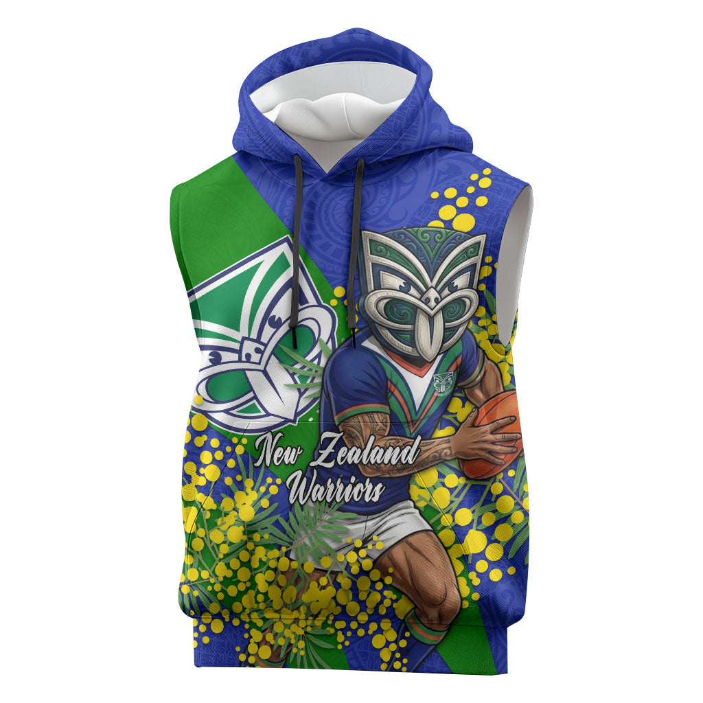 New Zealand Warriors Sleeveless Hoodie Golden Wattle Floral Polynesian - Australian Flower - Rugby Mascot