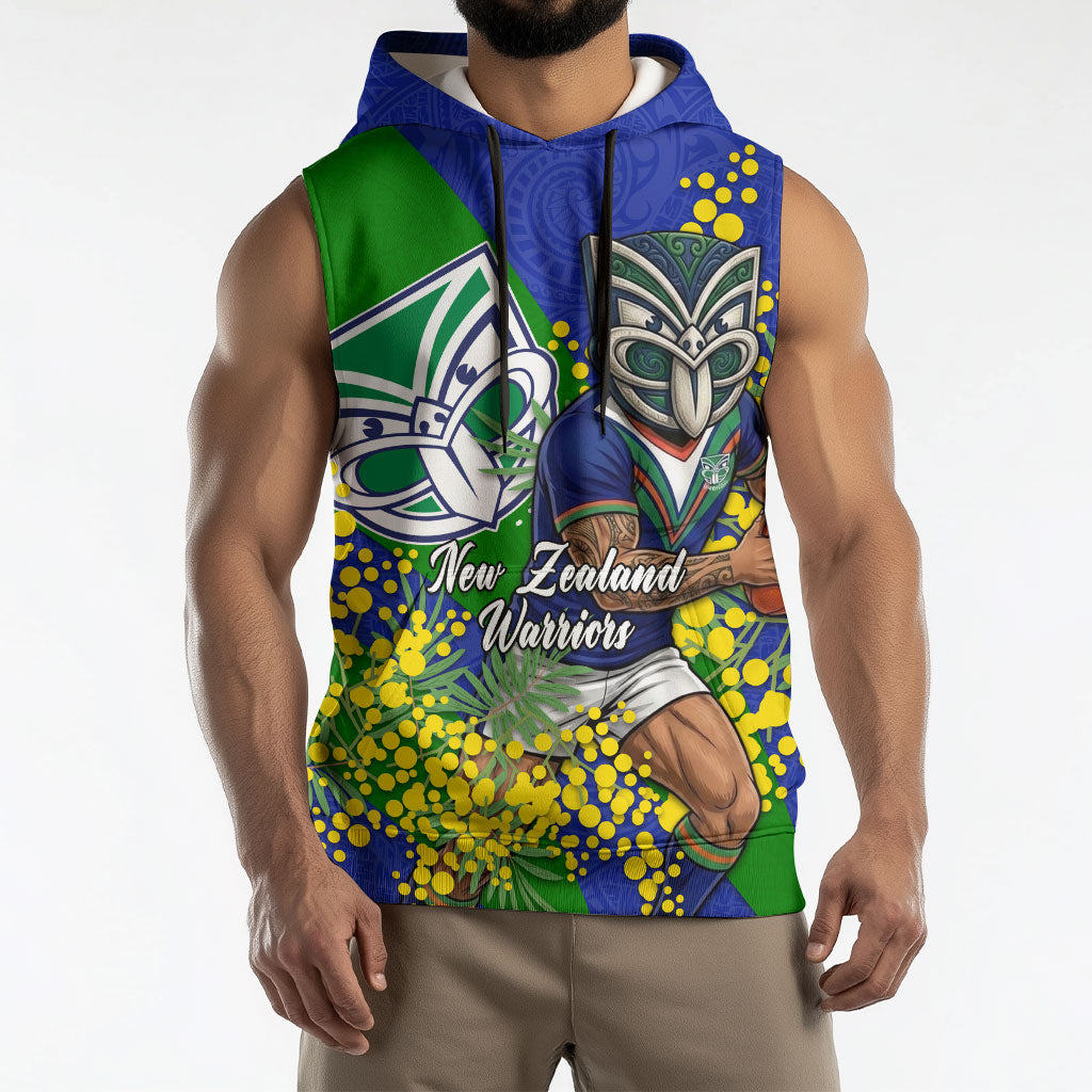 New Zealand Warriors Sleeveless Hoodie Golden Wattle Floral Polynesian - Australian Flower - Rugby Mascot