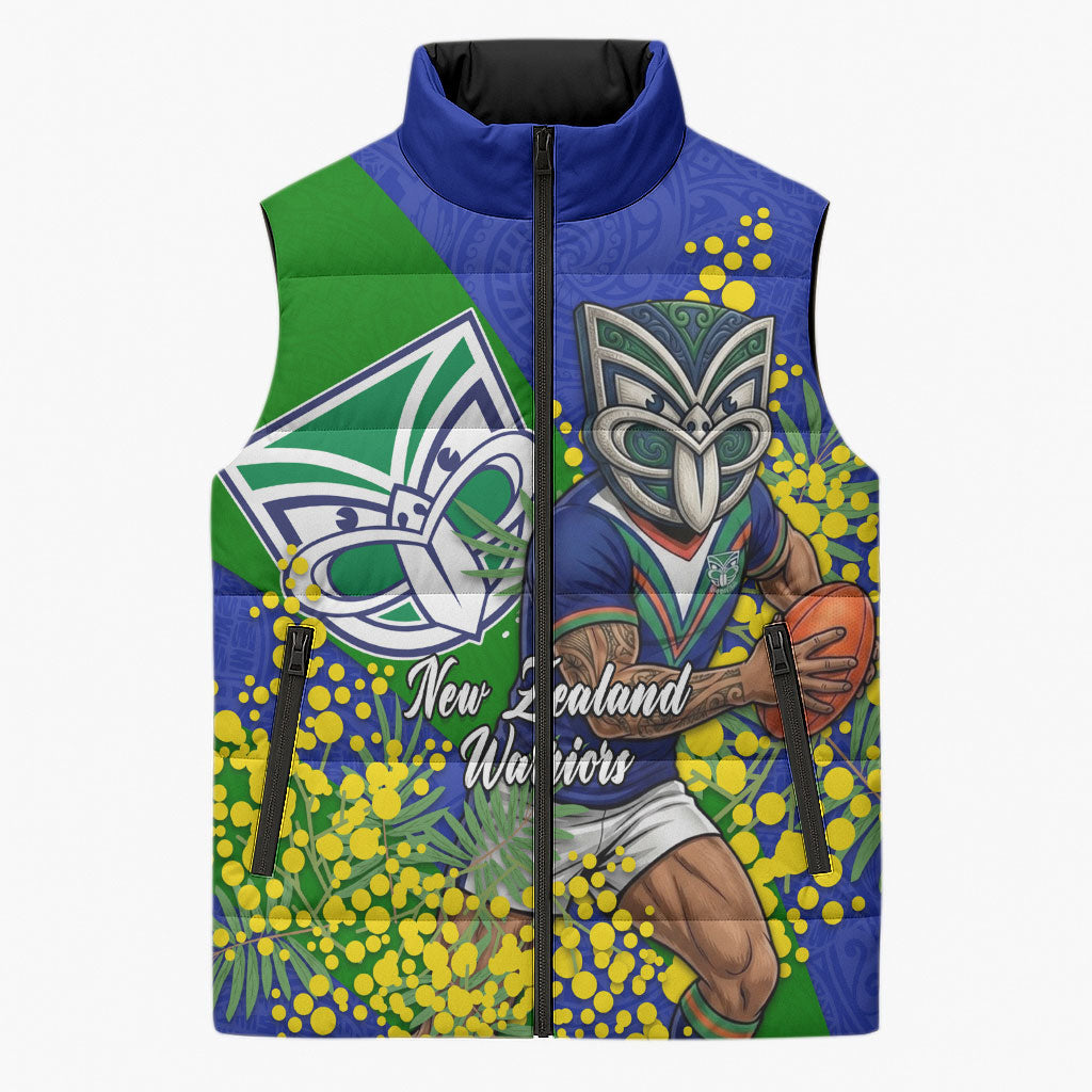 New Zealand Warriors Sleeveless Puffer Jacket Golden Wattle Floral Polynesian - Australian Flower - Rugby Mascot