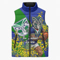 New Zealand Warriors Sleeveless Puffer Jacket Golden Wattle Floral Polynesian - Australian Flower - Rugby Mascot