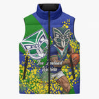 New Zealand Warriors Sleeveless Puffer Jacket Golden Wattle Floral Polynesian - Australian Flower - Rugby Mascot