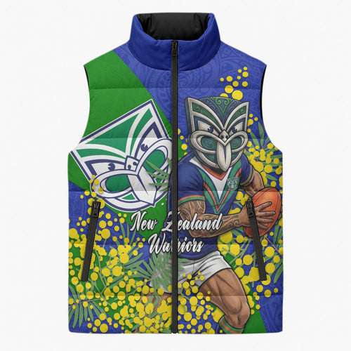 New Zealand Warriors Sleeveless Puffer Jacket Golden Wattle Floral Polynesian - Australian Flower - Rugby Mascot
