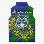 New Zealand Warriors Sleeveless Puffer Jacket Golden Wattle Floral Polynesian - Australian Flower - Rugby Mascot