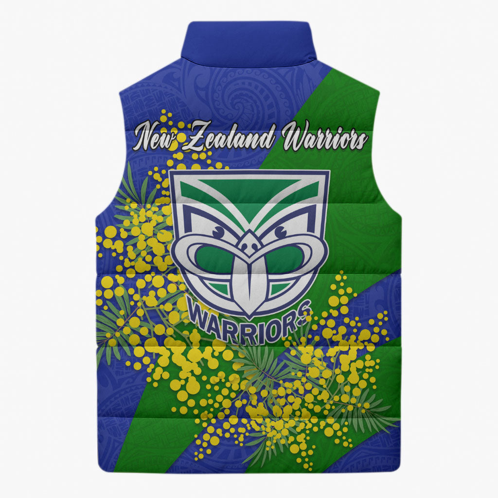 New Zealand Warriors Sleeveless Puffer Jacket Golden Wattle Floral Polynesian - Australian Flower - Rugby Mascot