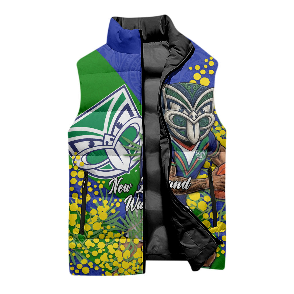 New Zealand Warriors Sleeveless Puffer Jacket Golden Wattle Floral Polynesian - Australian Flower - Rugby Mascot