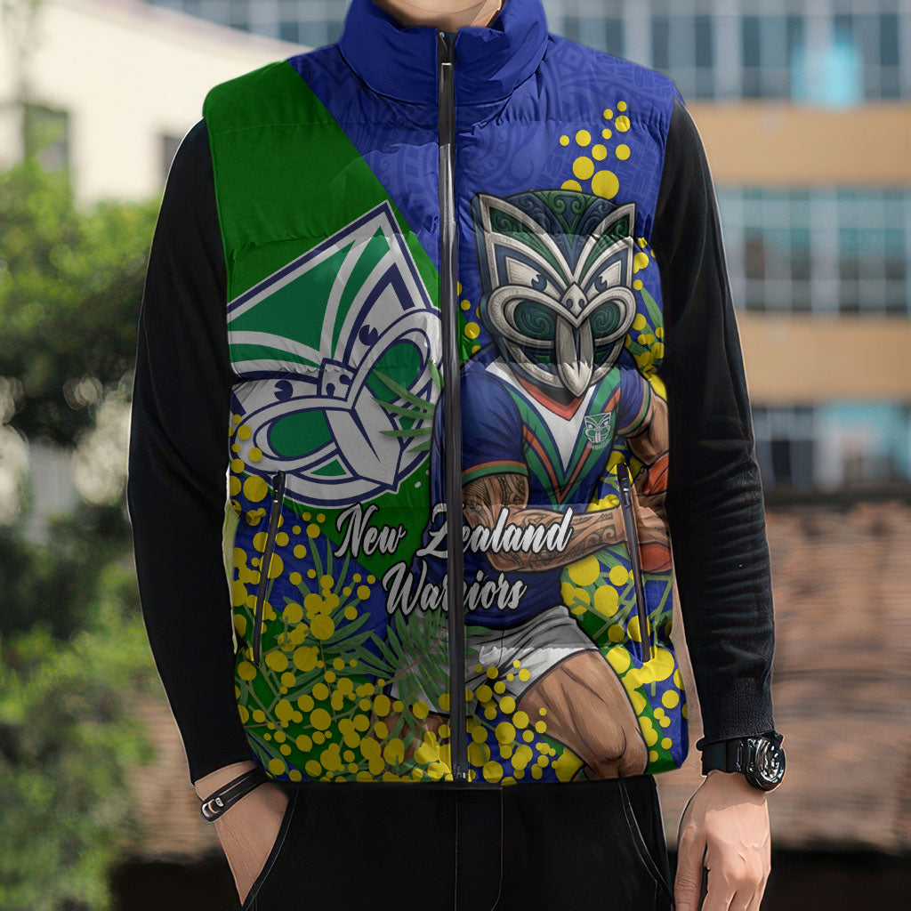 New Zealand Warriors Sleeveless Puffer Jacket Golden Wattle Floral Polynesian - Australian Flower - Rugby Mascot