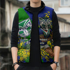 New Zealand Warriors Sleeveless Puffer Jacket Golden Wattle Floral Polynesian - Australian Flower - Rugby Mascot