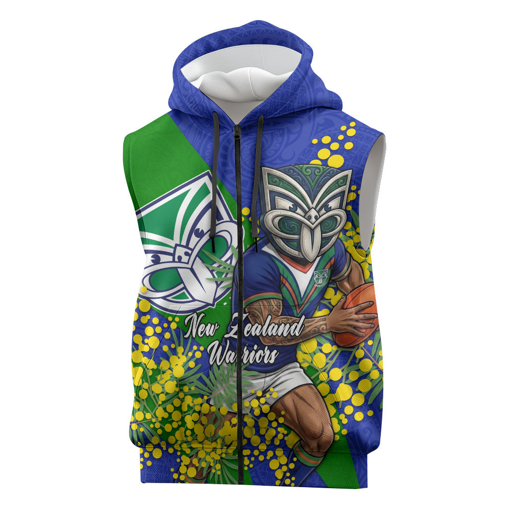 New Zealand Warriors Sleeveless Zip Hoodie Golden Wattle Floral Polynesian - Australian Flower - Rugby Mascot