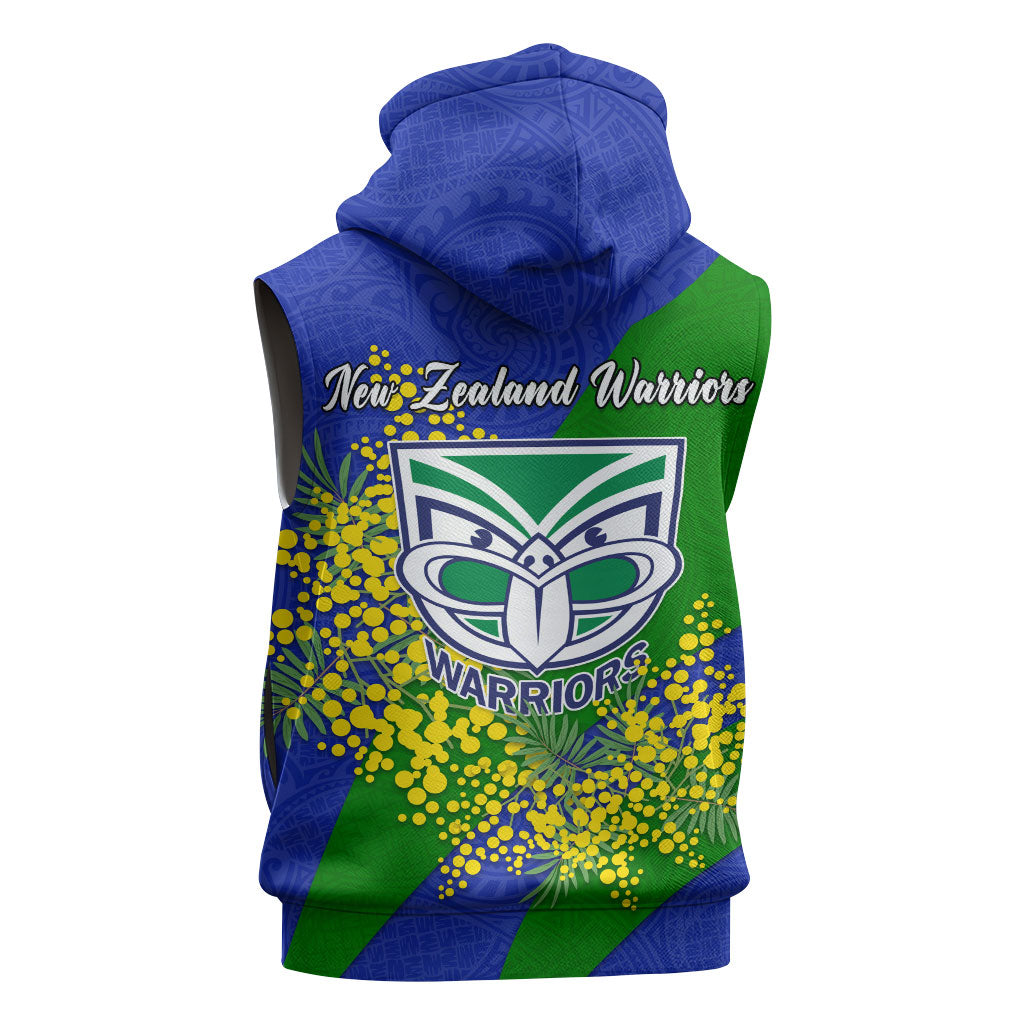 New Zealand Warriors Sleeveless Zip Hoodie Golden Wattle Floral Polynesian - Australian Flower - Rugby Mascot