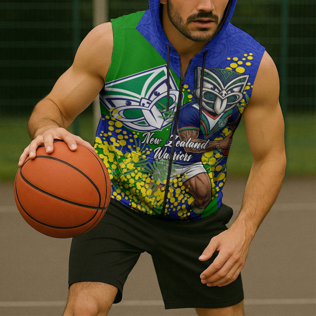 New Zealand Warriors Sleeveless Zip Hoodie Golden Wattle Floral Polynesian - Australian Flower - Rugby Mascot