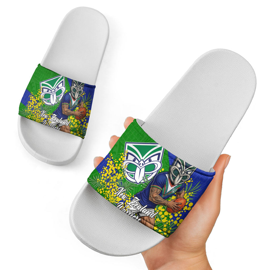New Zealand Warriors Slide Sandals Golden Wattle Floral Polynesian - Australian Flower - Rugby Mascot
