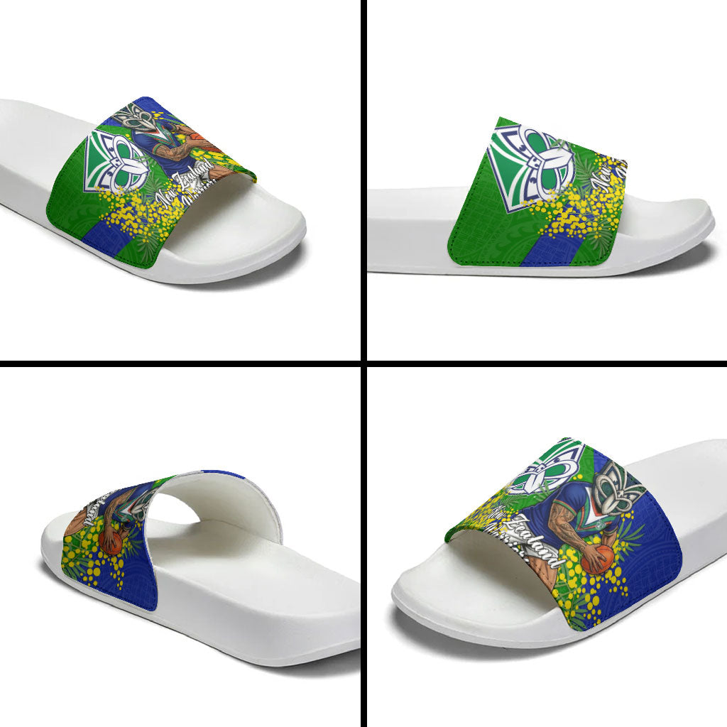 New Zealand Warriors Slide Sandals Golden Wattle Floral Polynesian - Australian Flower - Rugby Mascot