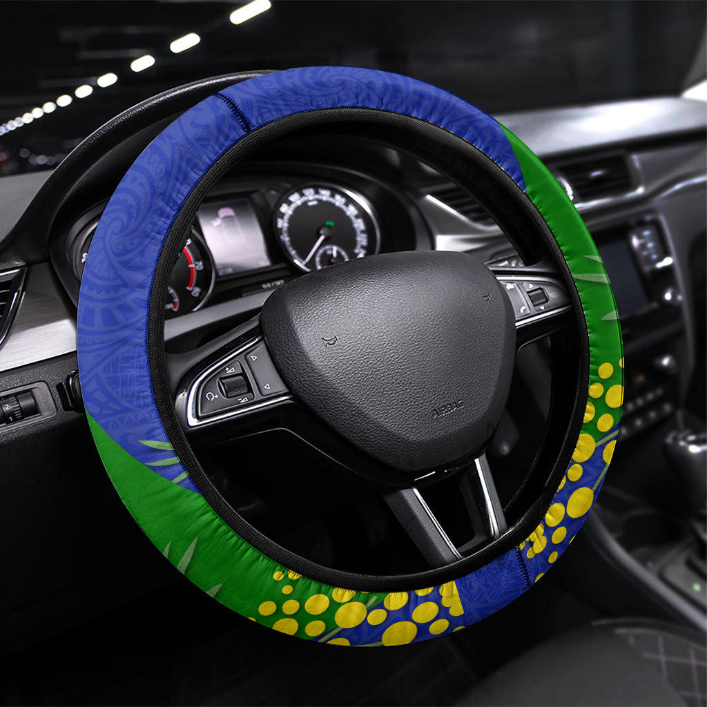 New Zealand Warriors Steering Wheel Cover Golden Wattle Floral Polynesian - Australian Flower - Rugby Mascot