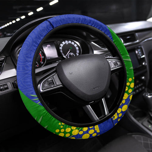 New Zealand Warriors Steering Wheel Cover Golden Wattle Floral Polynesian - Australian Flower - Rugby Mascot