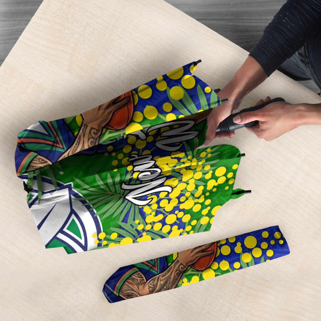 New Zealand Warriors Umbrella Golden Wattle Floral Polynesian - Australian Flower - Rugby Mascot
