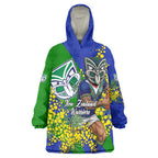 New Zealand Warriors Wearable Blanket Hoodie Golden Wattle Floral Polynesian - Australian Flower - Rugby Mascot
