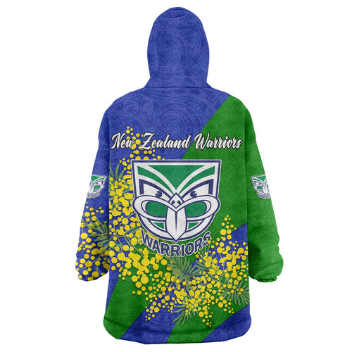New Zealand Warriors Wearable Blanket Hoodie Golden Wattle Floral Polynesian - Australian Flower - Rugby Mascot