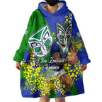 New Zealand Warriors Wearable Blanket Hoodie Golden Wattle Floral Polynesian - Australian Flower - Rugby Mascot