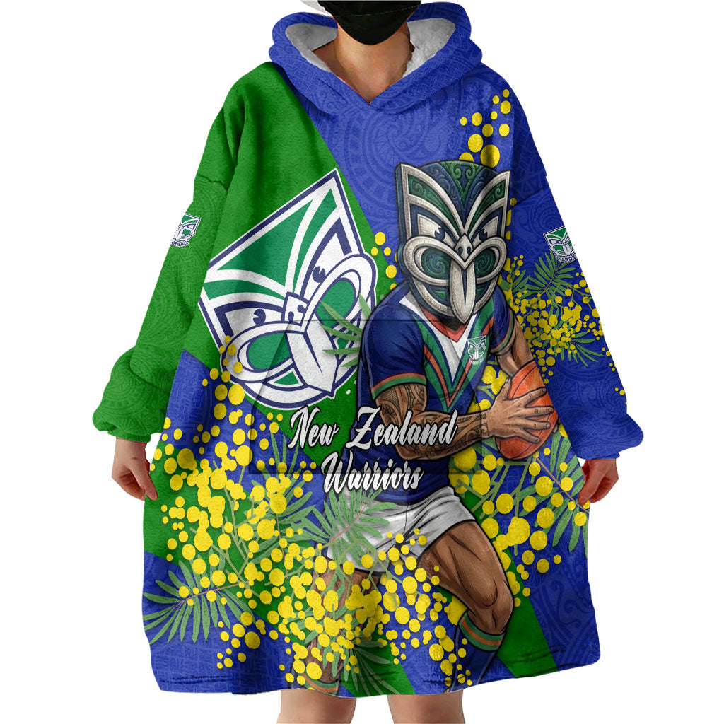 New Zealand Warriors Wearable Blanket Hoodie Golden Wattle Floral Polynesian - Australian Flower - Rugby Mascot