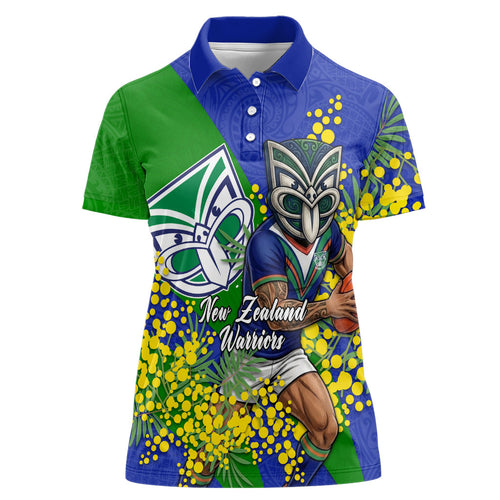 New Zealand Warriors Women Polo Shirt Golden Wattle Floral Polynesian - Australian Flower - Rugby Mascot