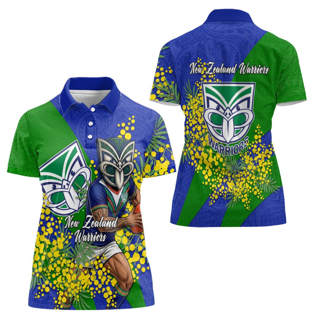 New Zealand Warriors Women Polo Shirt Golden Wattle Floral Polynesian - Australian Flower - Rugby Mascot