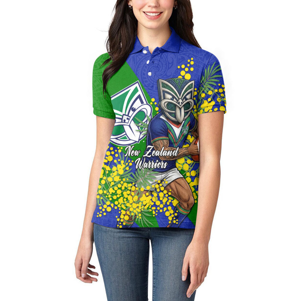 New Zealand Warriors Women Polo Shirt Golden Wattle Floral Polynesian - Australian Flower - Rugby Mascot