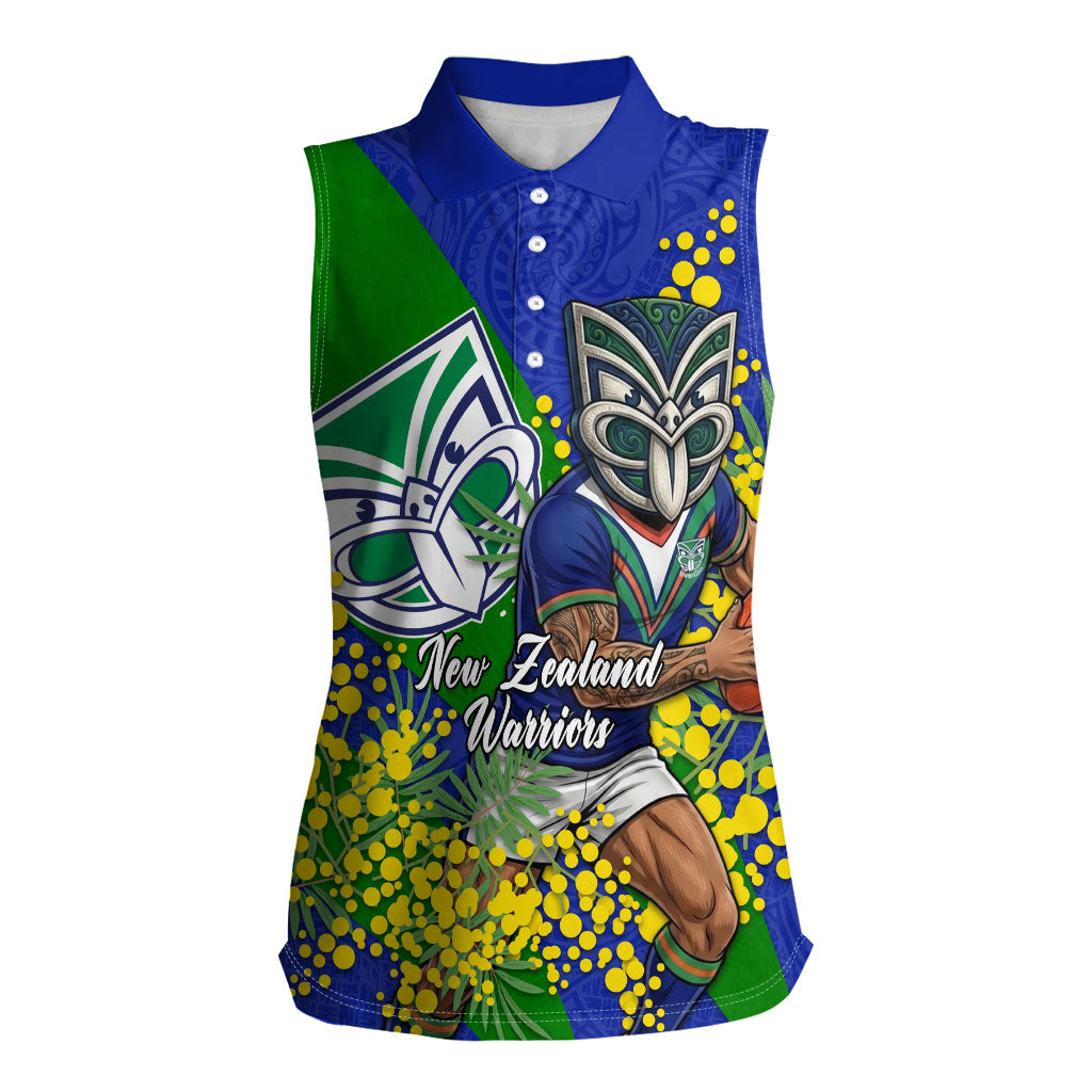 New Zealand Warriors Women Sleeveless Polo Shirt Golden Wattle Floral Polynesian - Australian Flower - Rugby Mascot