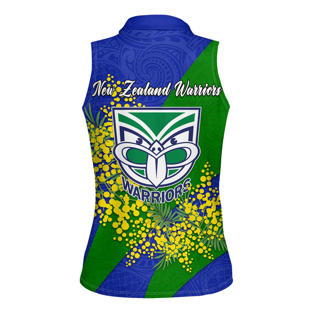 New Zealand Warriors Women Sleeveless Polo Shirt Golden Wattle Floral Polynesian - Australian Flower - Rugby Mascot