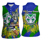 New Zealand Warriors Women Sleeveless Polo Shirt Golden Wattle Floral Polynesian - Australian Flower - Rugby Mascot