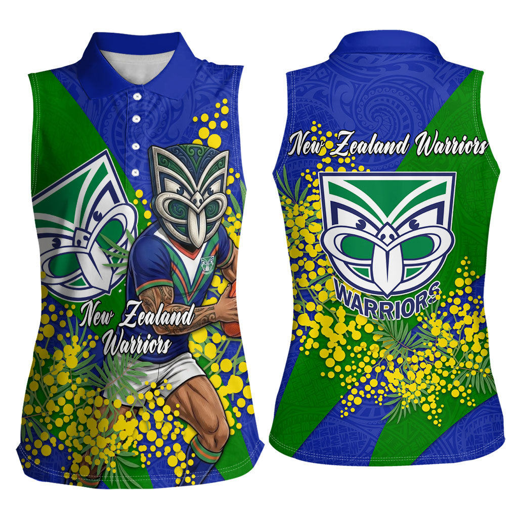 New Zealand Warriors Women Sleeveless Polo Shirt Golden Wattle Floral Polynesian - Australian Flower - Rugby Mascot