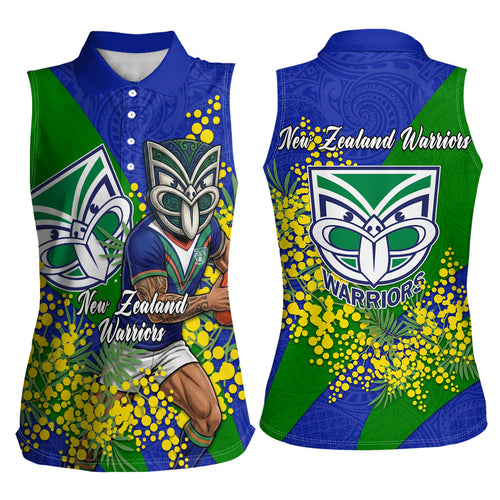 New Zealand Warriors Women Sleeveless Polo Shirt Golden Wattle Floral Polynesian - Australian Flower - Rugby Mascot