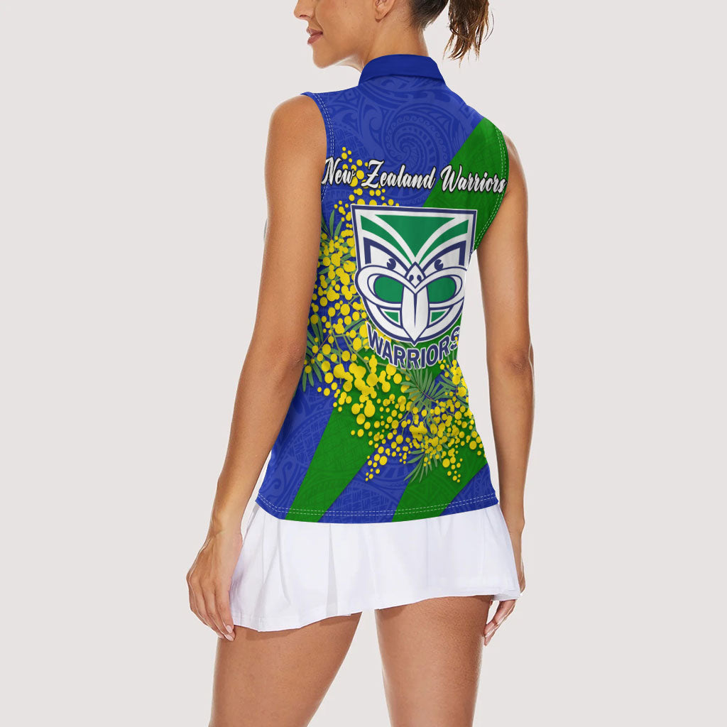 New Zealand Warriors Women Sleeveless Polo Shirt Golden Wattle Floral Polynesian - Australian Flower - Rugby Mascot