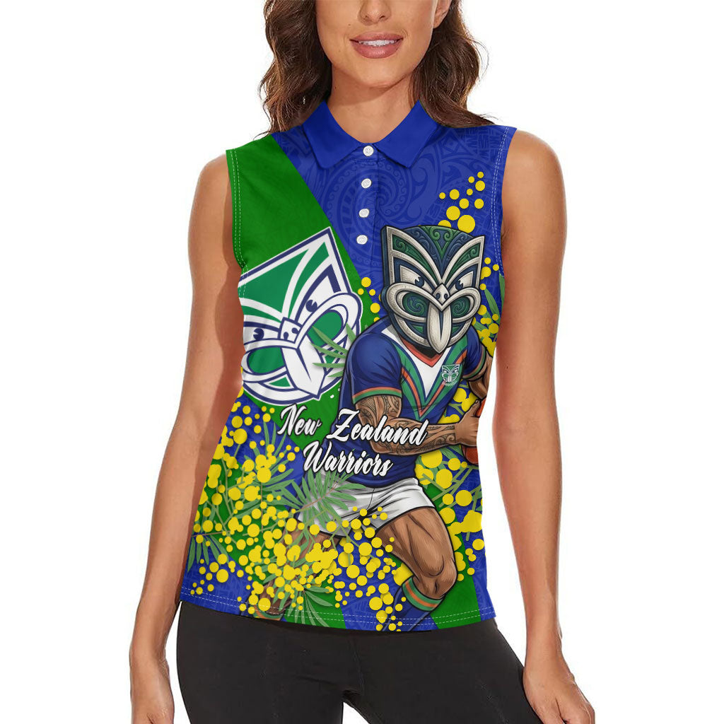 New Zealand Warriors Women Sleeveless Polo Shirt Golden Wattle Floral Polynesian - Australian Flower - Rugby Mascot