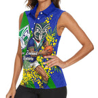 New Zealand Warriors Women Sleeveless Polo Shirt Golden Wattle Floral Polynesian - Australian Flower - Rugby Mascot