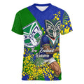 New Zealand Warriors Women V-Neck T-Shirt Golden Wattle Floral Polynesian - Australian Flower - Rugby Mascot