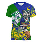 New Zealand Warriors Women V-Neck T-Shirt Golden Wattle Floral Polynesian - Australian Flower - Rugby Mascot