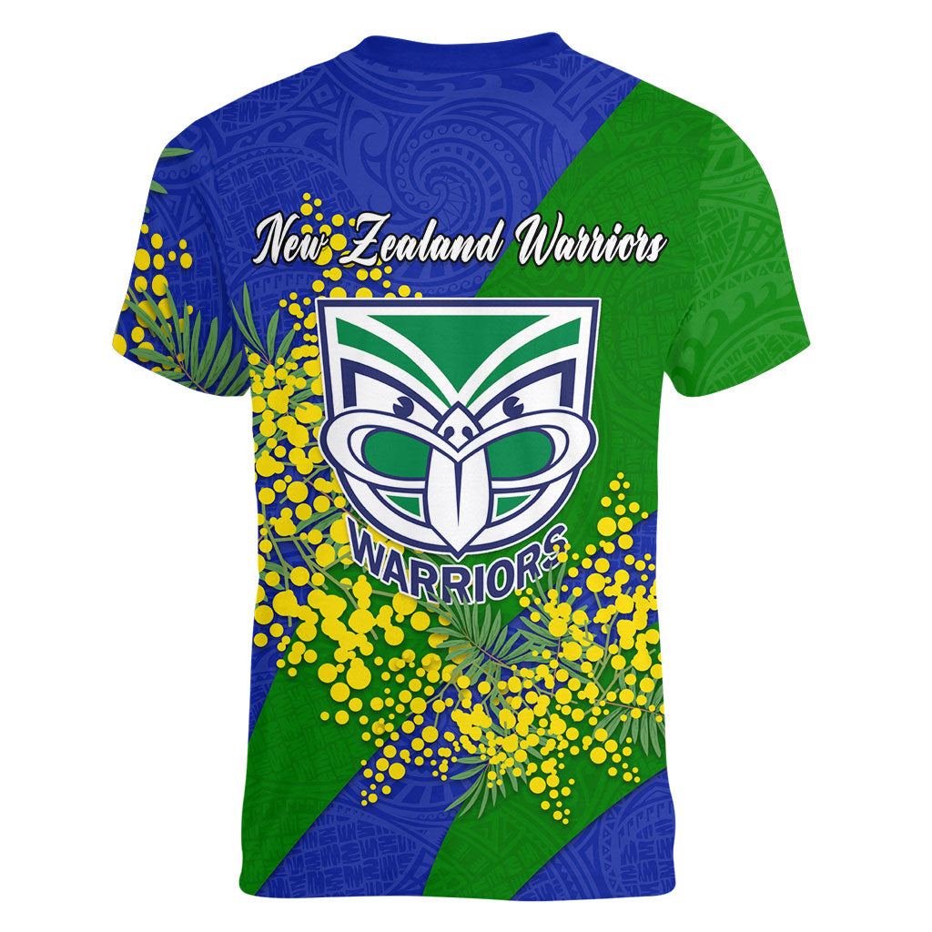 New Zealand Warriors Women V-Neck T-Shirt Golden Wattle Floral Polynesian - Australian Flower - Rugby Mascot