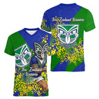 New Zealand Warriors Women V-Neck T-Shirt Golden Wattle Floral Polynesian - Australian Flower - Rugby Mascot